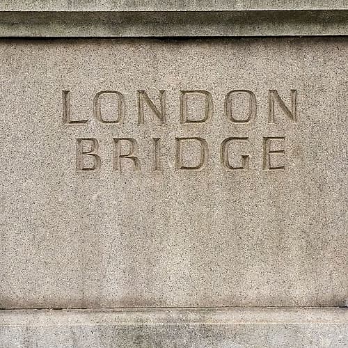 London, England, Great Britain. London Bridge sign. European Print